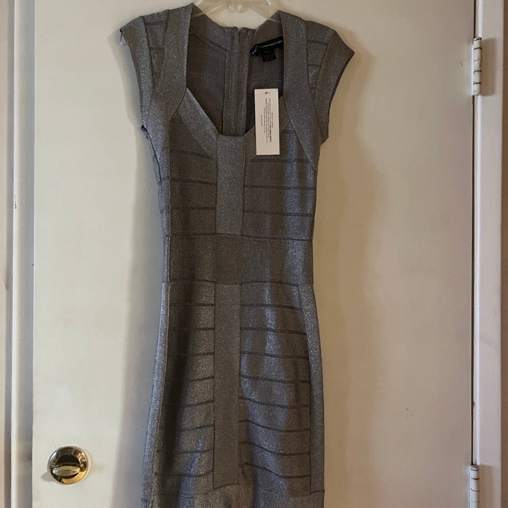 French Connection Shimmering Silver Cap Sleeve Dress